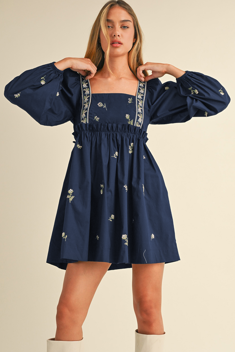 Embroidered Blue Floral Mini Dress with Puff Sleeves and Ruffled Hem