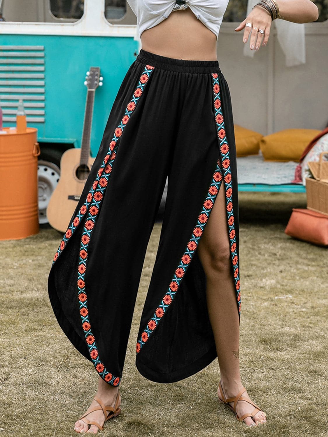 Slit Elastic Waist Wide Leg Pants.