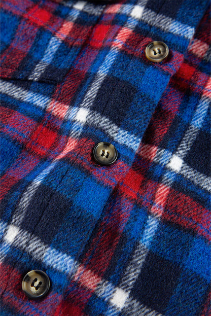 Navy plaid button-up shacket with flap pockets