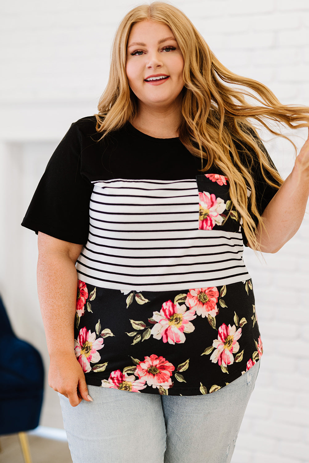 Chic black plus size floral and stripe short sleeve top