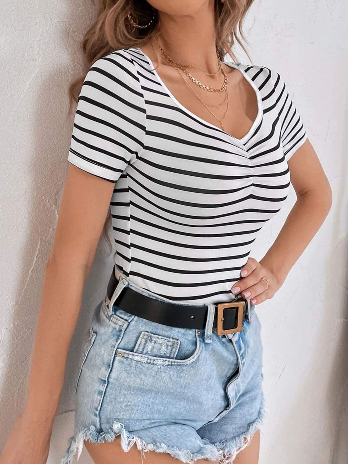 Striped V-Neck Short Sleeve T-Shirt.