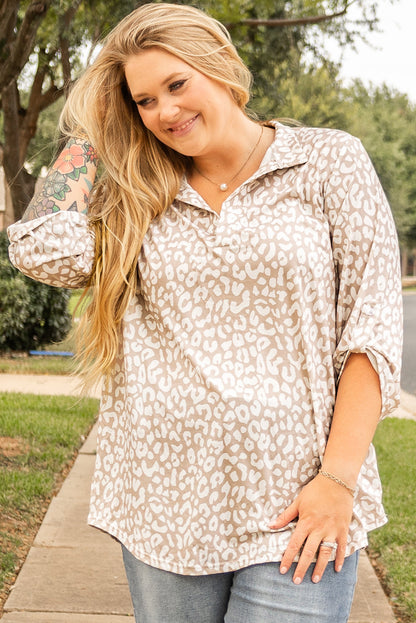 Chic apricot leopard print plus size top with tab sleeves