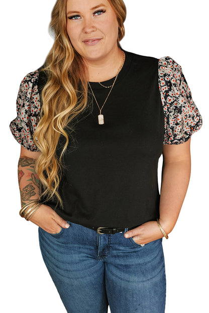 Chic black daisy print plus size bubble sleeve tunic top