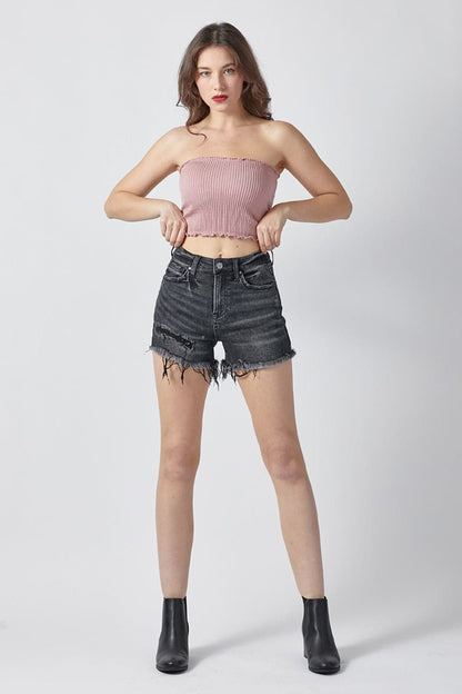 RISEN Raw Hem Denim Shorts with Pockets.