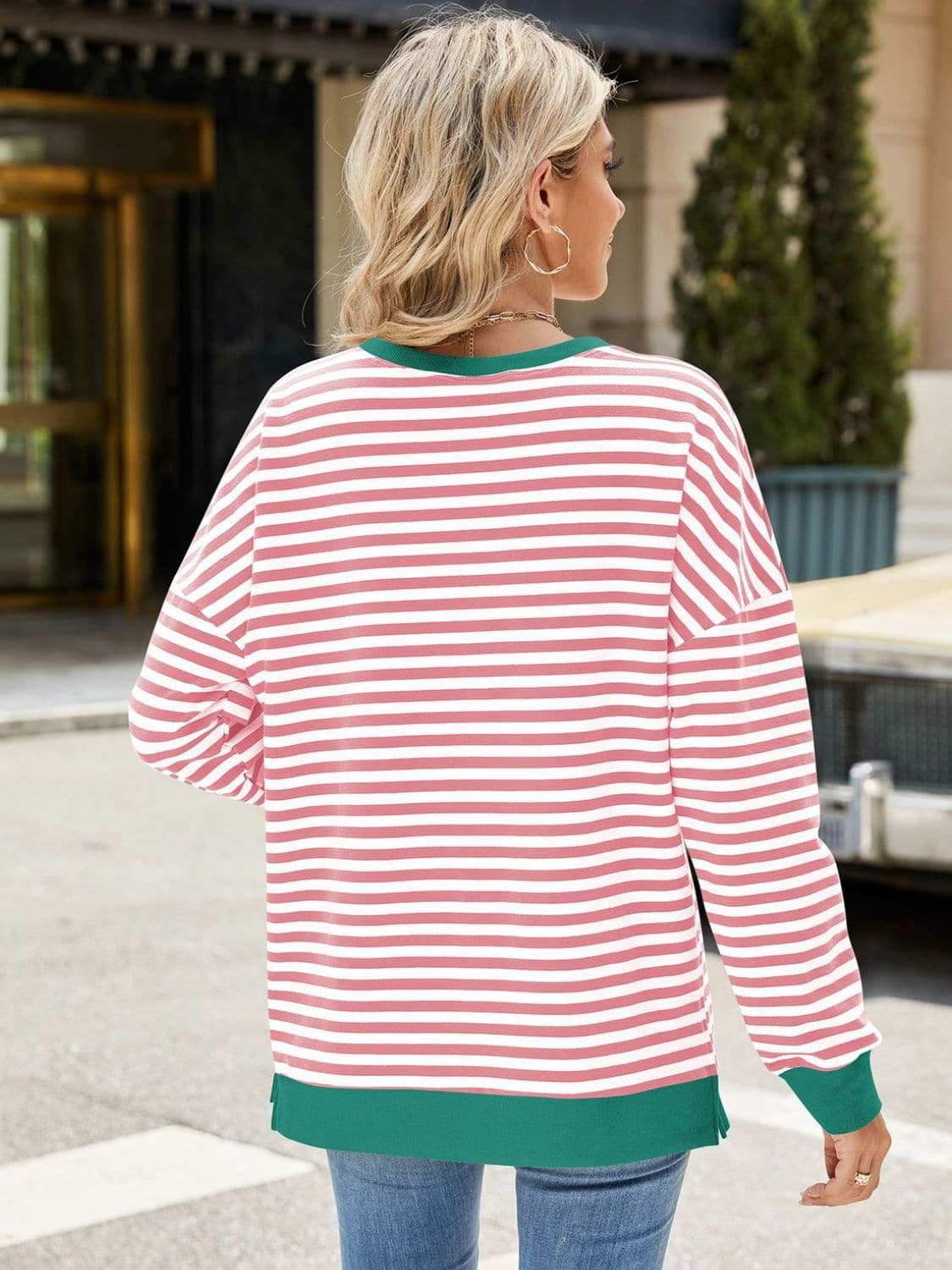 Slit Striped Round Neck Long Sleeve Sweatshirt.