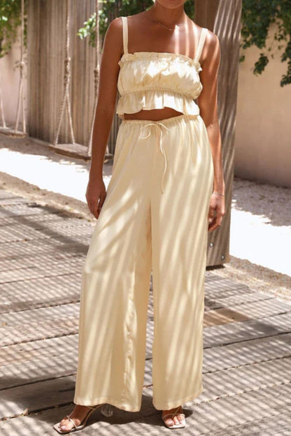 Ruffled Sleeveless Top and Wide Leg Pants Set.