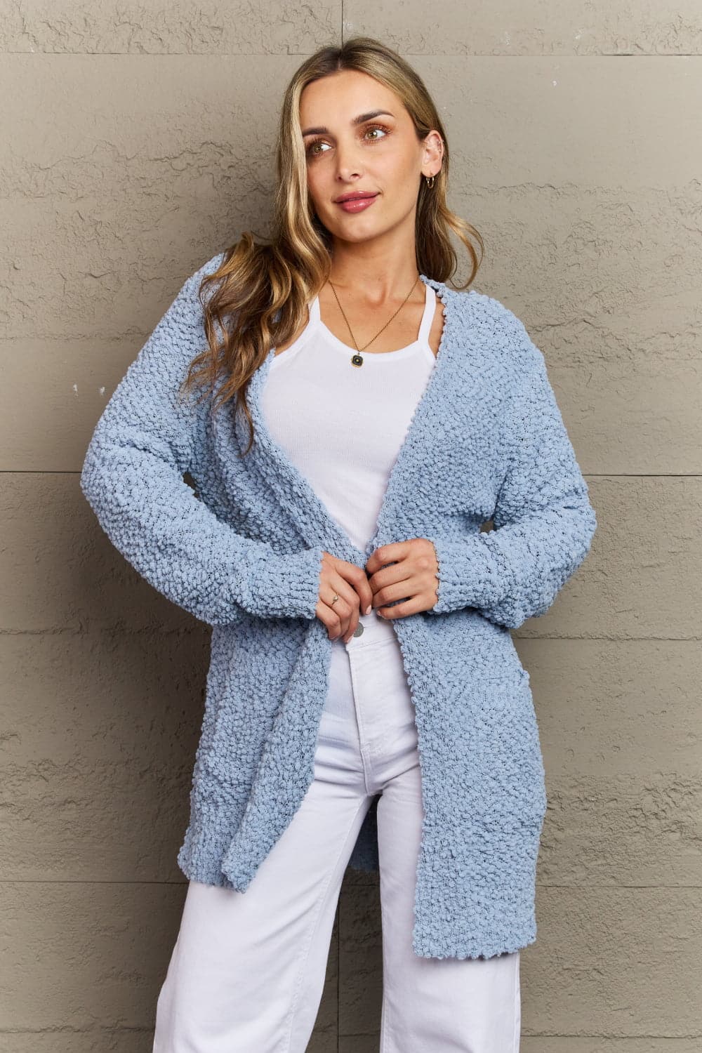 Zenana Falling For You Full Size Open Front Popcorn Cardigan.