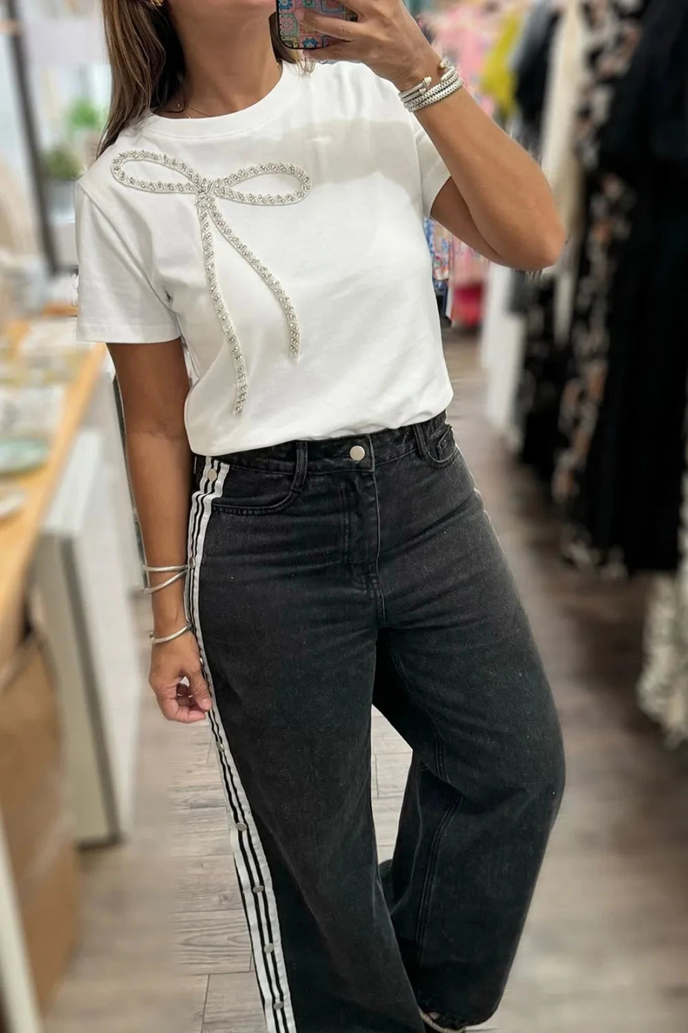 Rhinestone Bow Round Neck Short Sleeve T-Shirt Simply Love