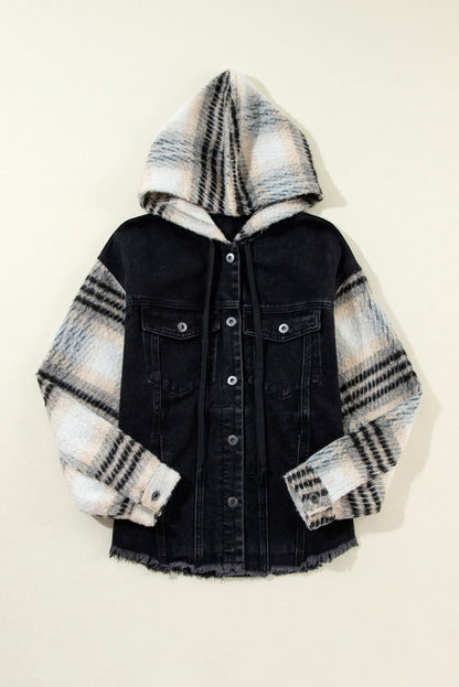 Raw Hem Drawstring Hooded Denim Jacket