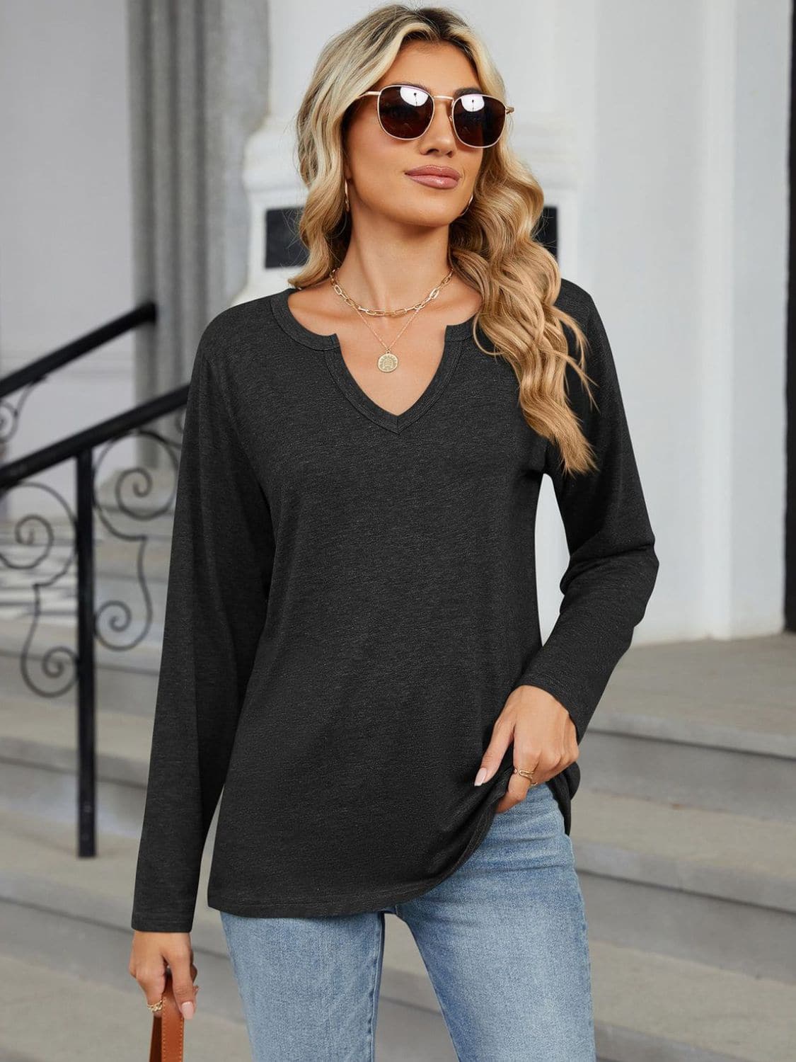 Notched Long Sleeve T-Shirt.