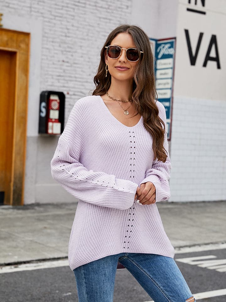 Openwork Dropped Shoulder Long Sleeve Sweater.