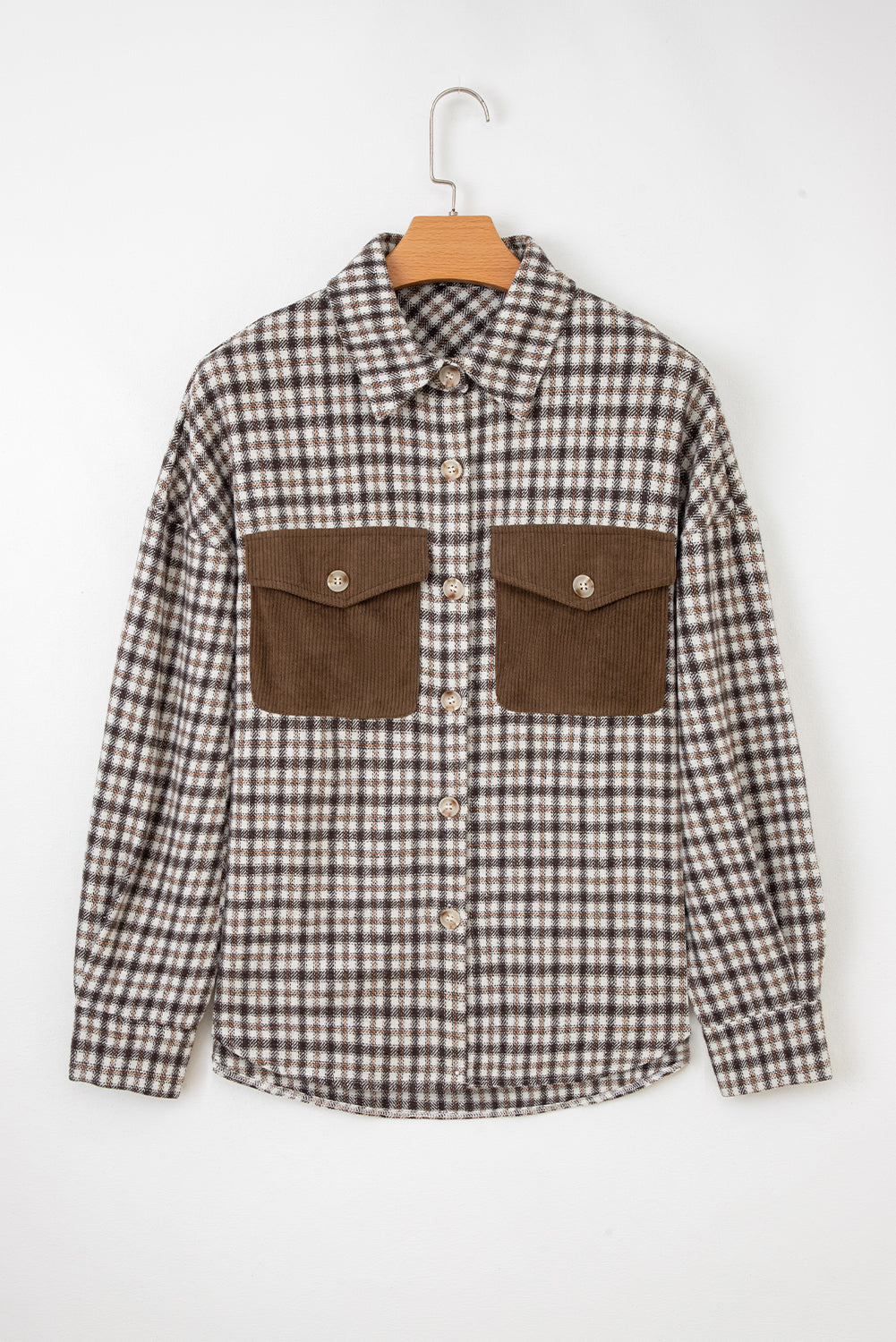 Casual Corduroy Shacket Patchwork Plaid With Flap Pockets
