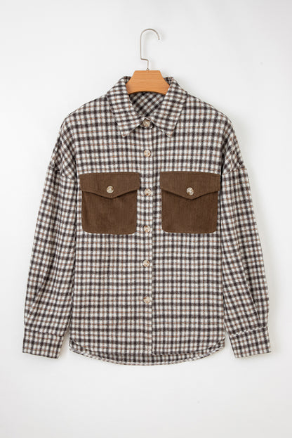 Casual Corduroy Shacket Patchwork Plaid With Flap Pockets