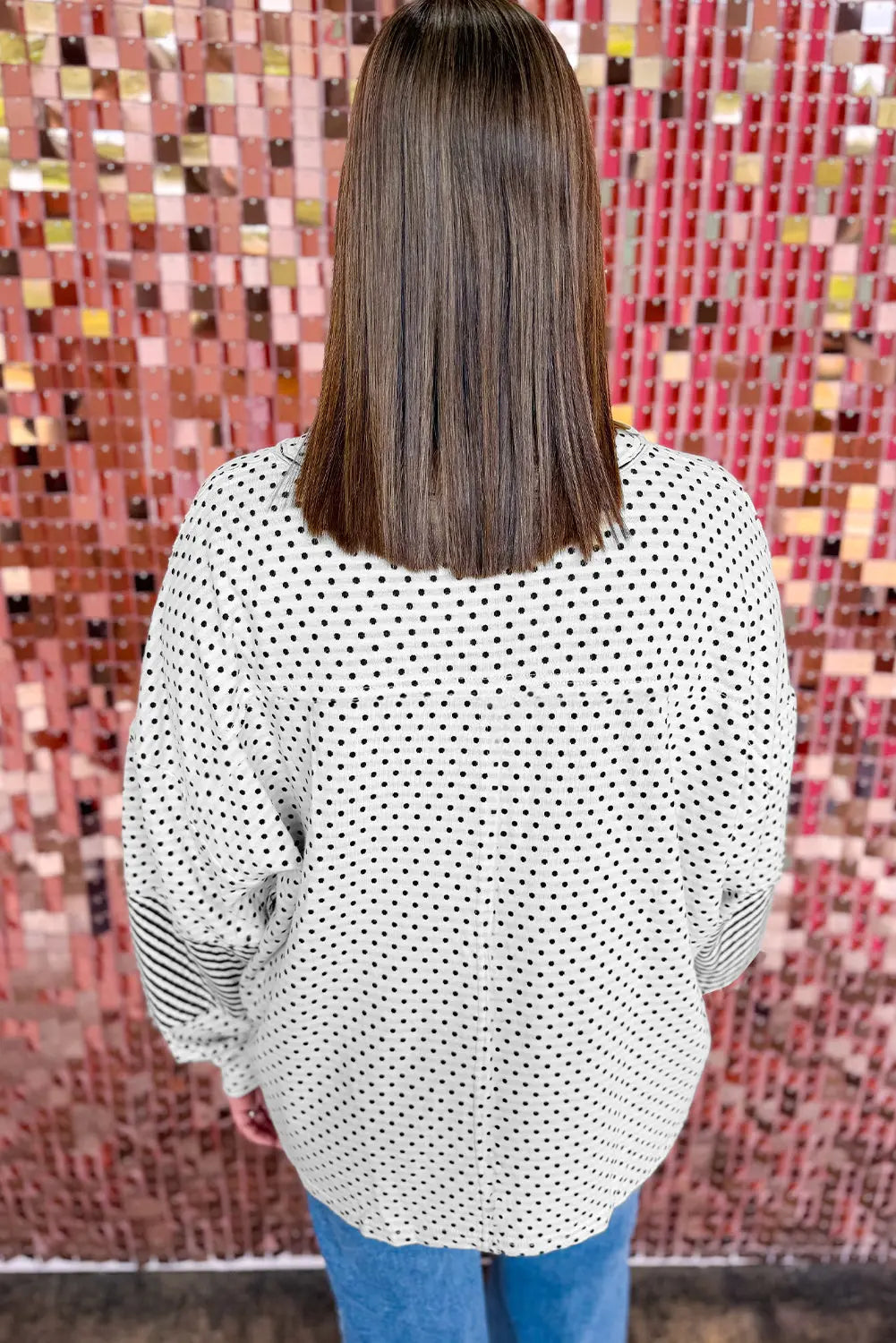 Beige Plus Size Dot Print Striped Patchwork Long Sleeve Henley Top Dear-Lover Dropshipping