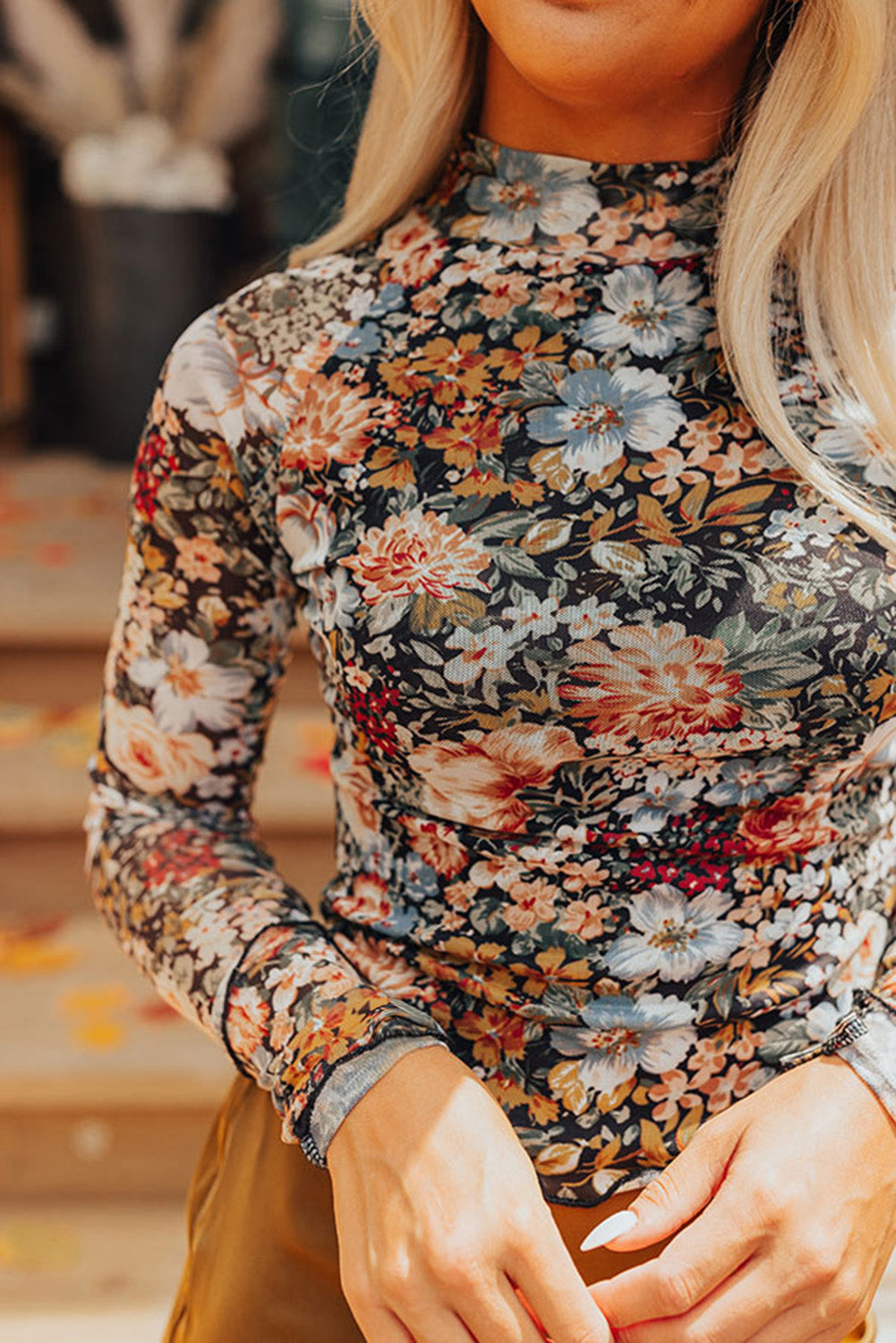 Elegant brown floral mesh blouse with high neck and long sleeves