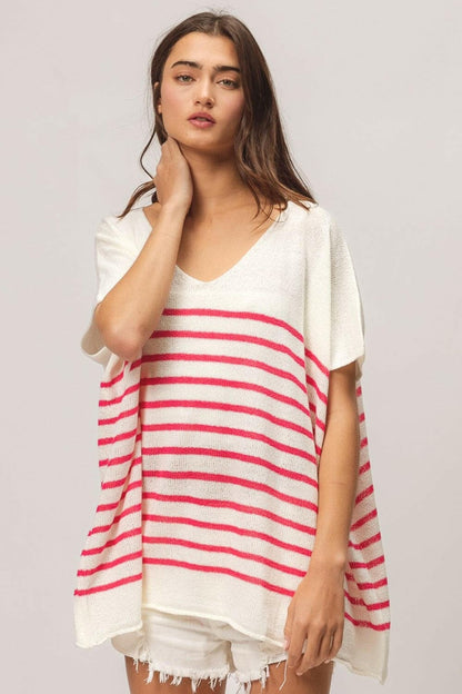 BiBi V Neck Striped Short Sleeve TopBiBi V Neck Striped Short Sleeve Top
 Discover the perfect blend of style and comfort with the BiBi V Neck Striped Short Sleeve Top. This chic top features a classicLove Salve Neck Striped Short Sleeve Topusa