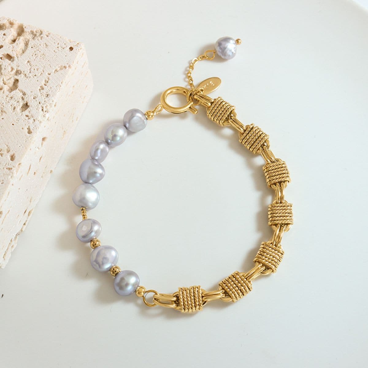 Half Pearl Half Chain Stainless Steel Bracelet.