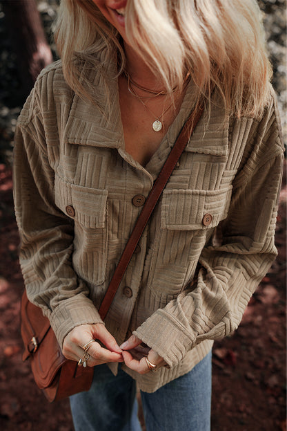 Chic dark khaki textured shacket with chest pockets