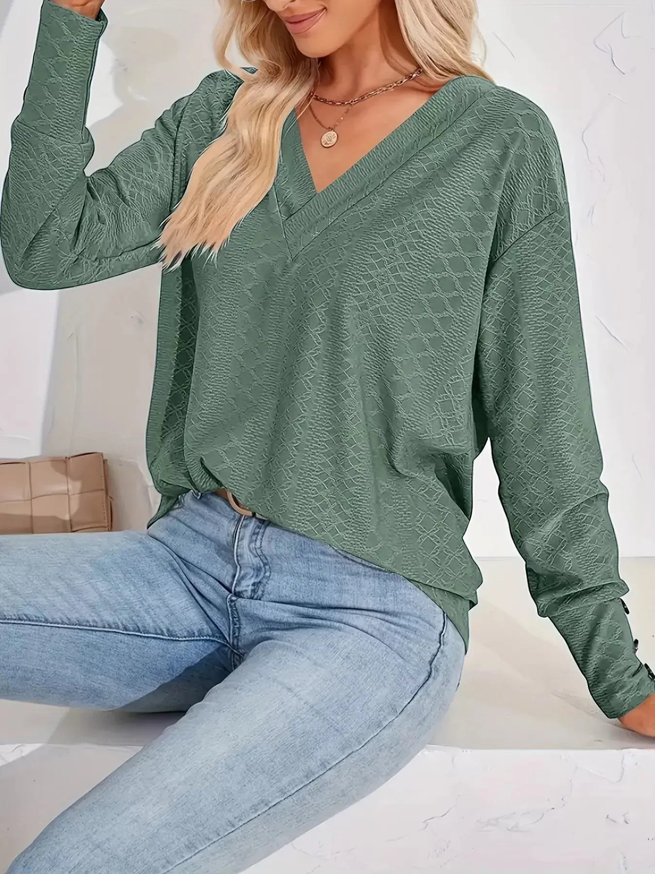 Plus Size V-Neck Textured Long Sleeve T-Shirt Simply Love