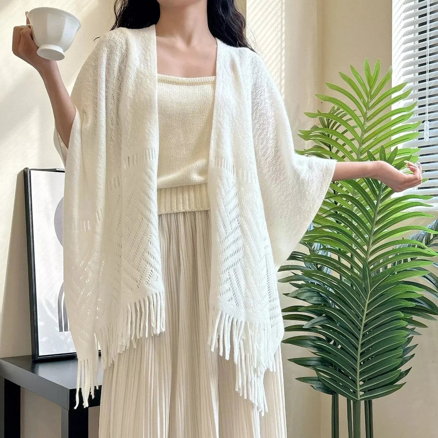 Knitted Fringe Openwork Scarf Shawl Simply Love