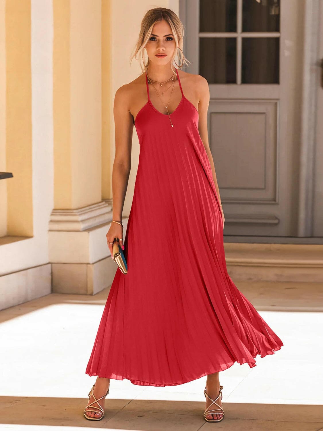 Pleated Halter Neck Sleeveless Dress.