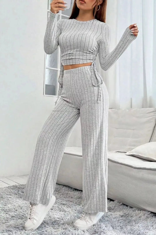Ribbed Knit Long Sleeve Top & Wide Leg Pants Set Simply Love