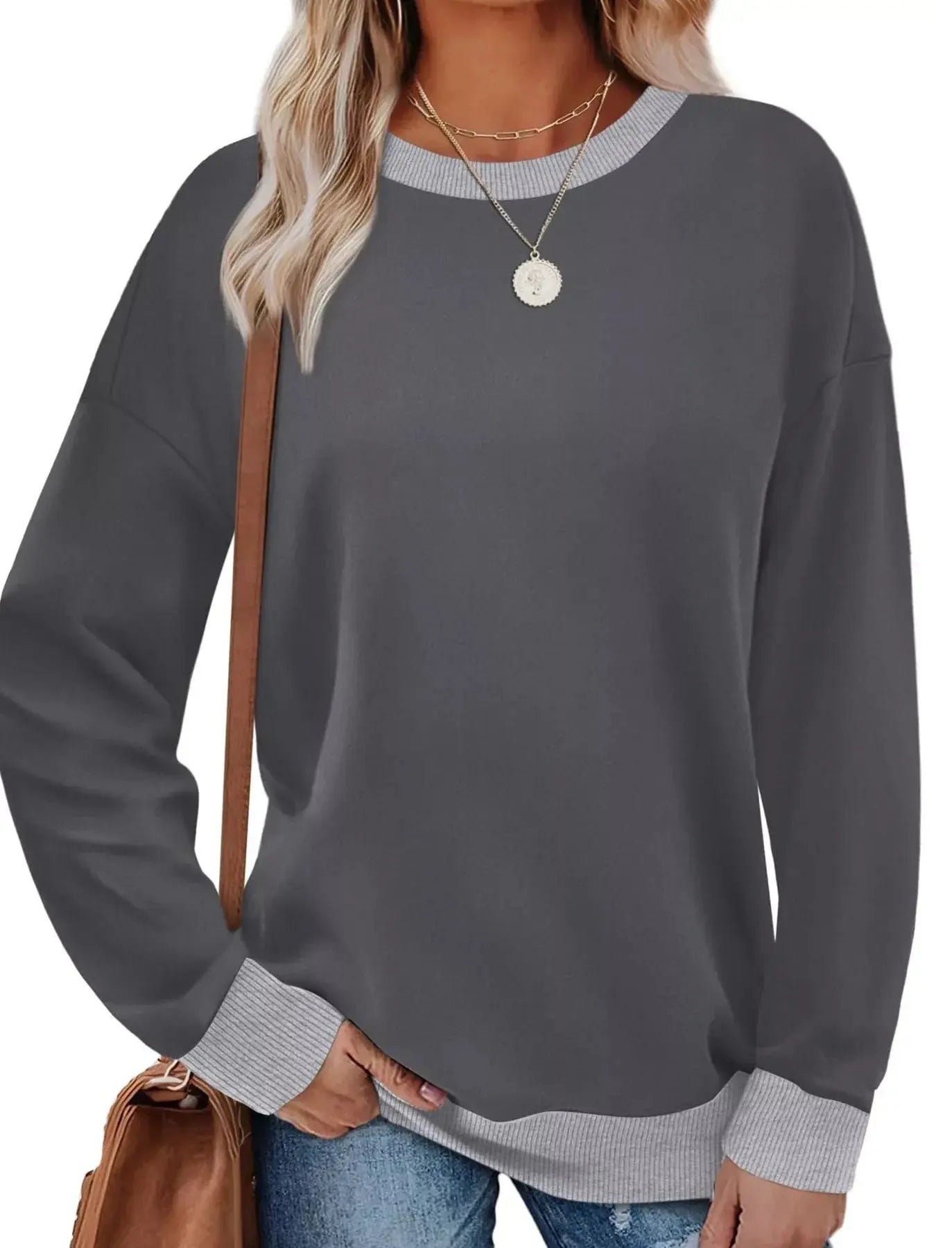 Contrast Trim Crew Neck Casual Sweatshirt Simply Love