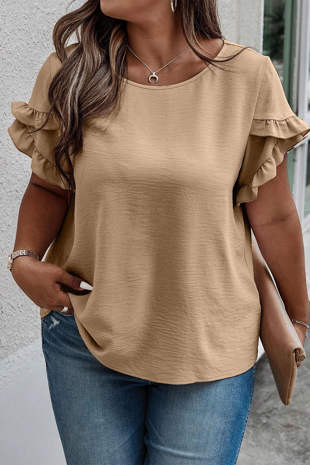 Chic ruffled short sleeve top in light beige for plus sizes