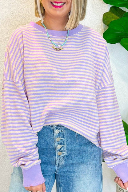 Purple Stripe Loose Drop Shoulder Long Sleeve Top