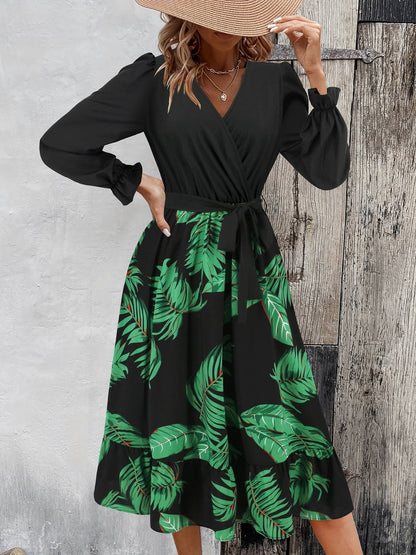 Tied Ruffled Printed Long Sleeve Dress.