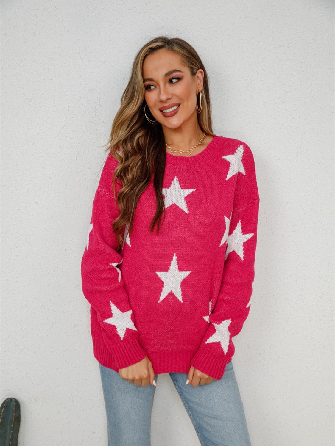 Star Round Neck Dropped Shoulder Sweater.