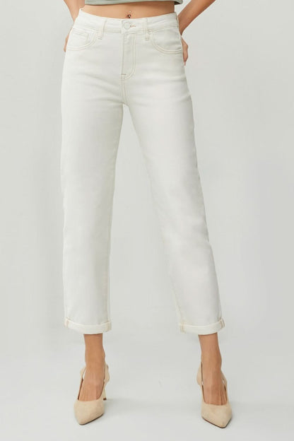 Elevate your style with high waist rolled hem straight jeans