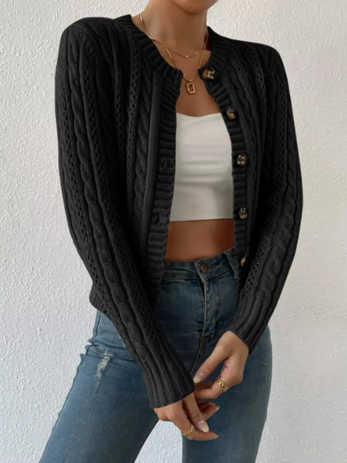 Cable Knit Button-Up Cardigan Simply Love