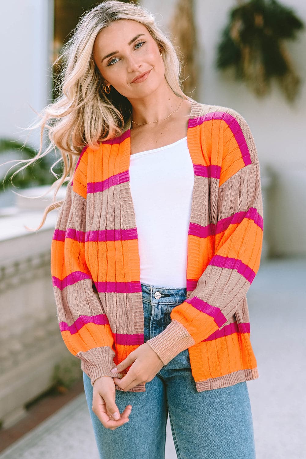 Ribbed Striped Open Front Long Sleeve Cardigan.