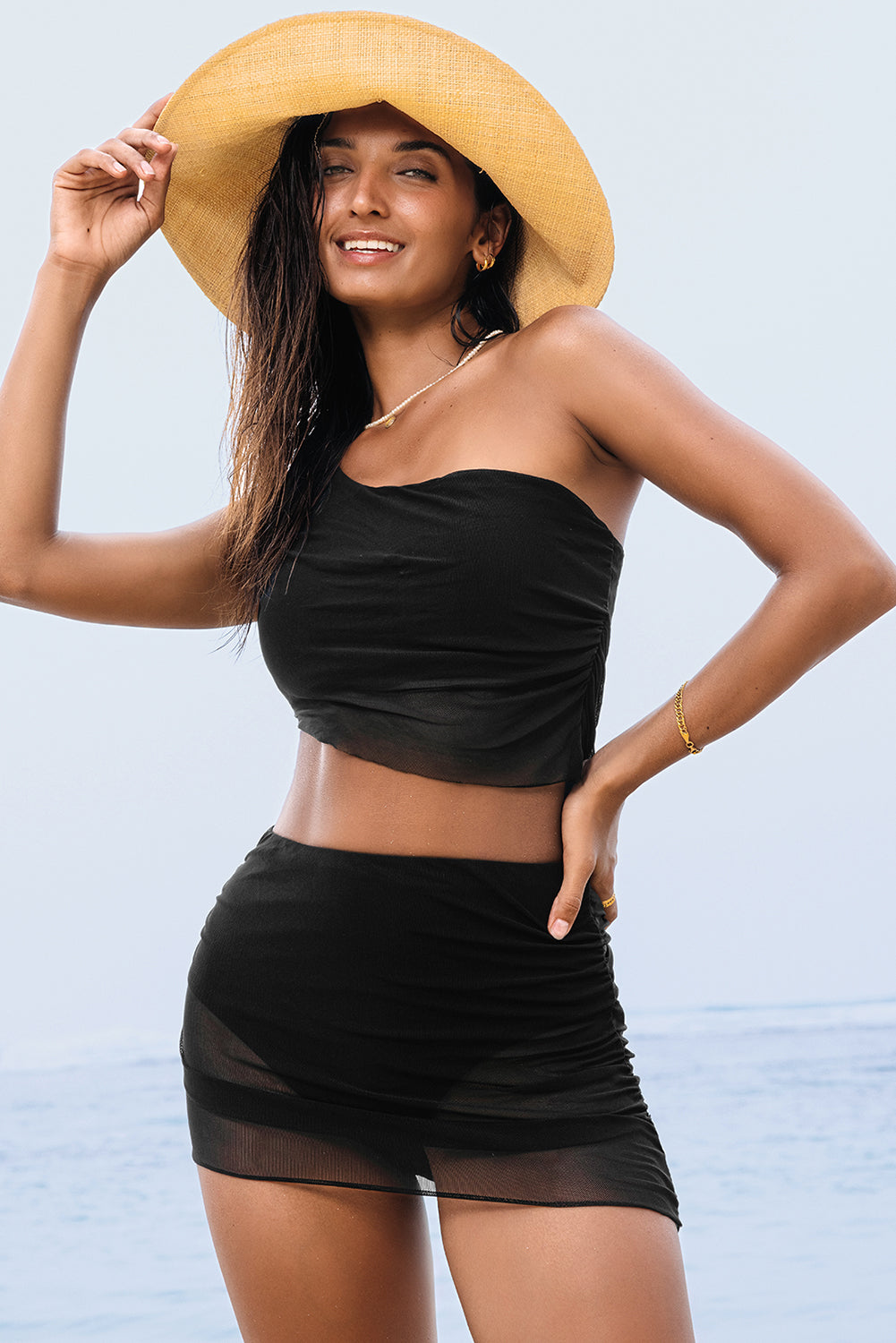 Sleek Black One Shoulder Pleated Mesh Bikini Top with Matching Skirt Set