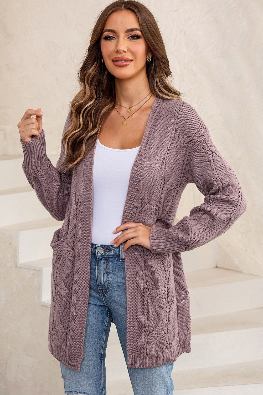 Cable-Knit Dropped Shoulder Slit Cardigan.