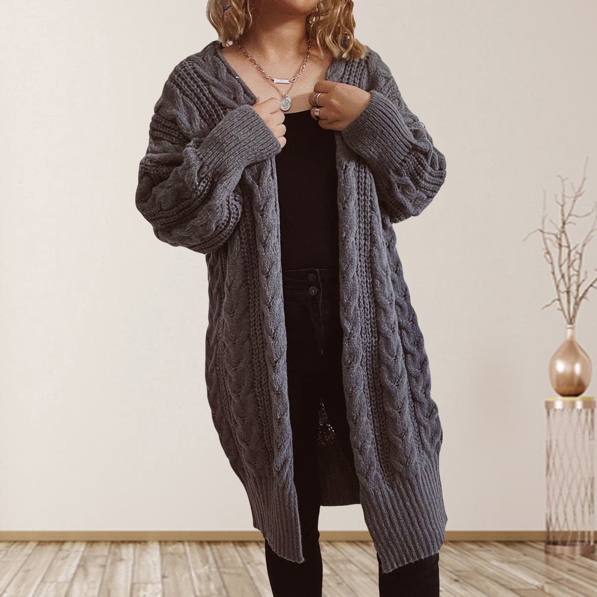 Cable-Knit Open Front Dropped Shoulder Cardigan.