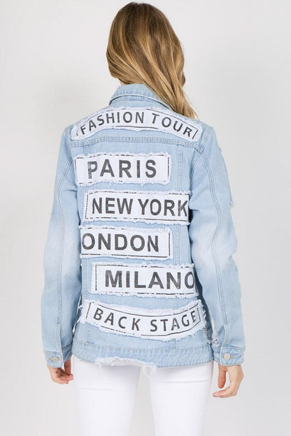 American Bazi Letter Patched Distressed Denim Jacket.