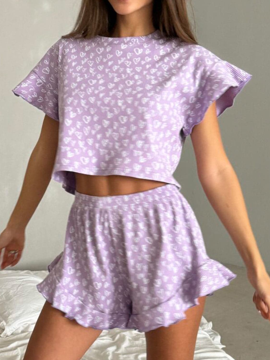 Printed Round Neck Top and Shorts Set.