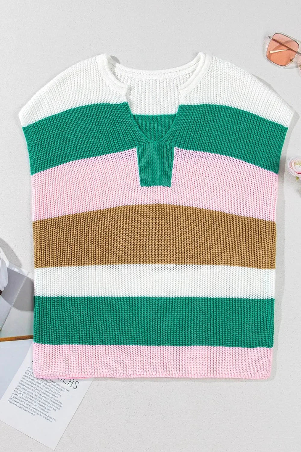 Color Block Notched Cap Sleeve Knit Top Simply Love