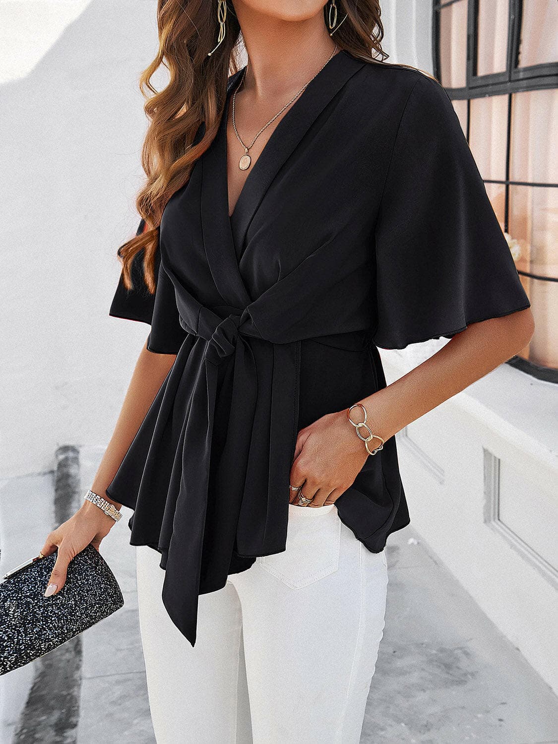 Surplice Tie Waist Half Sleeve Blouse.