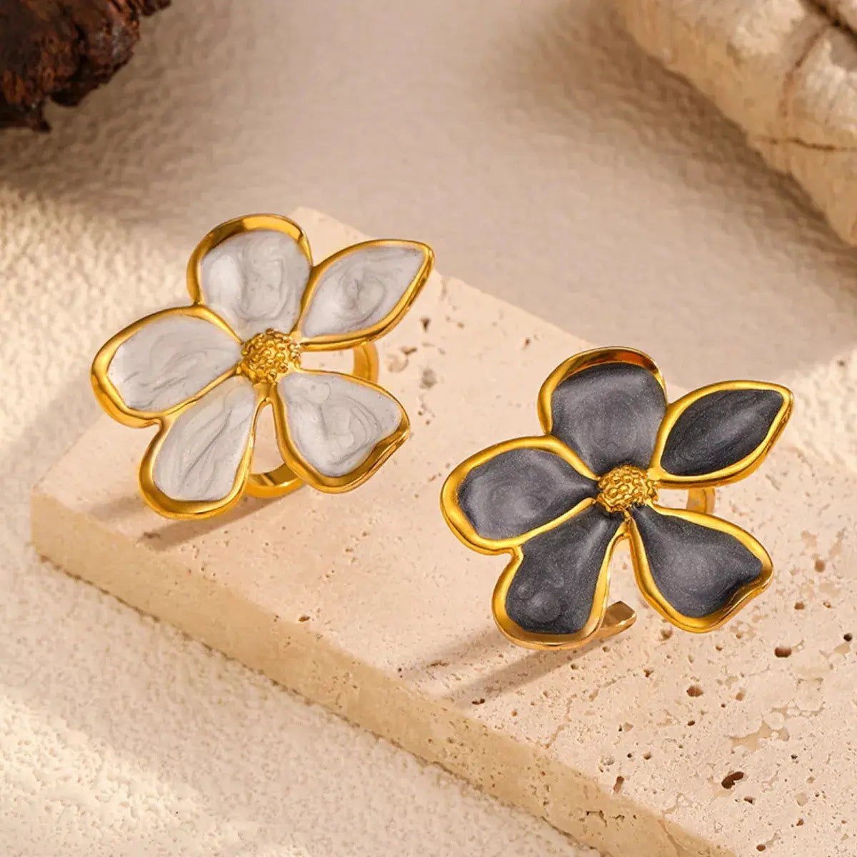 18K Gold Plated Flower Open Ring With Resin Petals Stainless Steel Simply Love