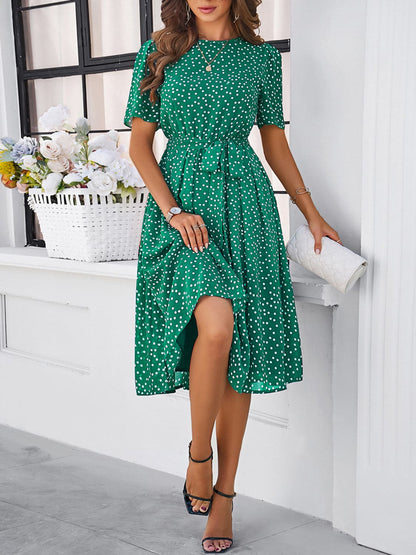 Printed Round Neck Short Sleeve Dress.