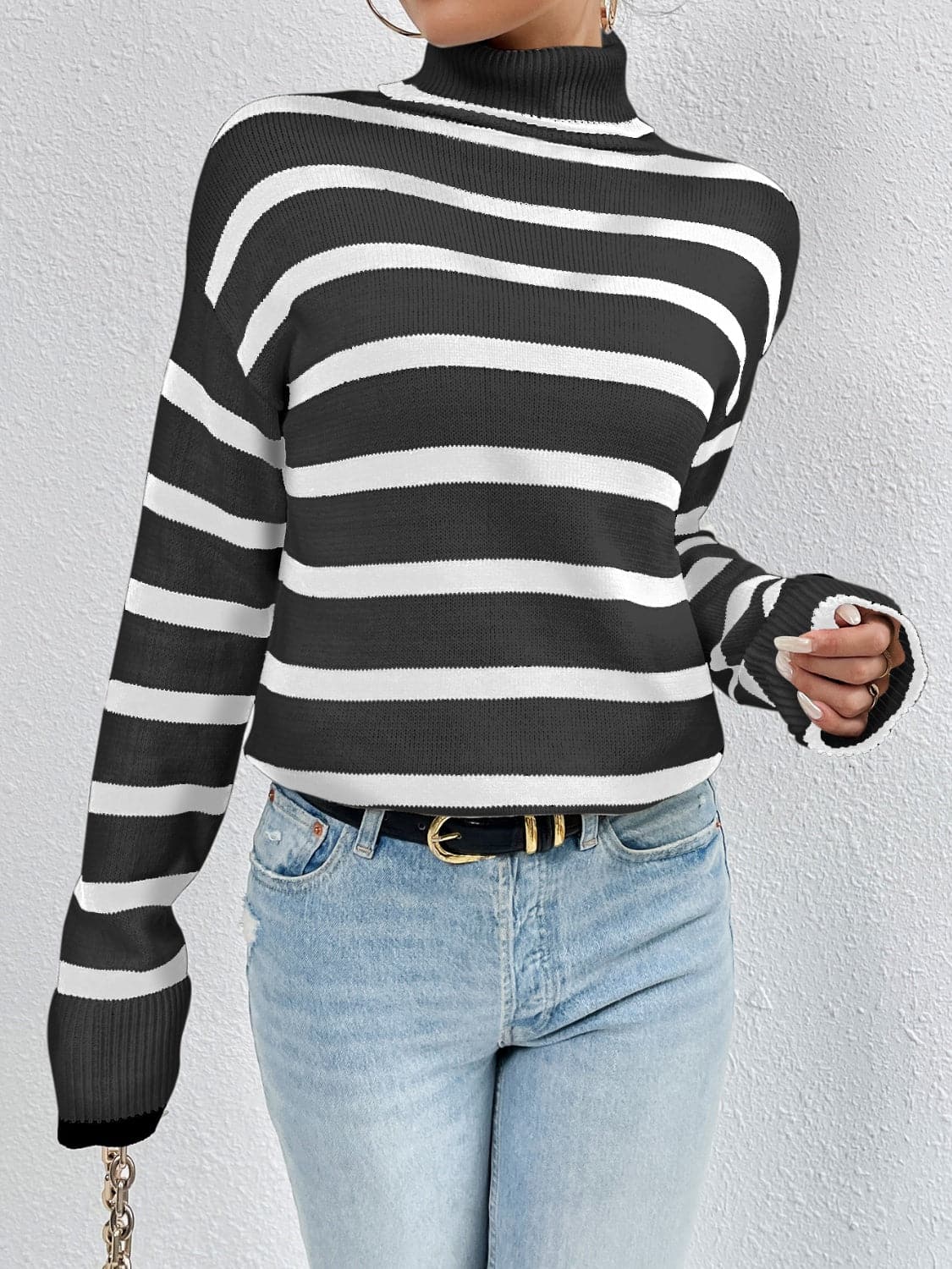 Striped Turtleneck Drop Shoulder Sweater.