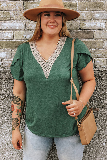 Chic blackish green plus size embroidered V-neck blouse with draped sleeves