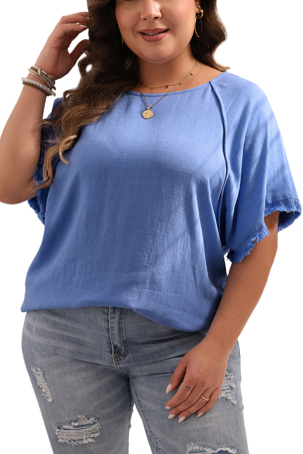 Chic Ashleigh blue plus size frayed edge short sleeve top