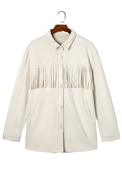 Chic plus size suede shacket with playful fringe detail