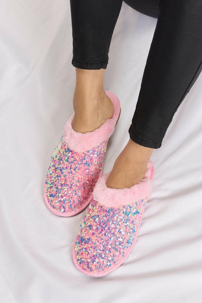 Forever Link Sequin Plush Round Toe Slippers.