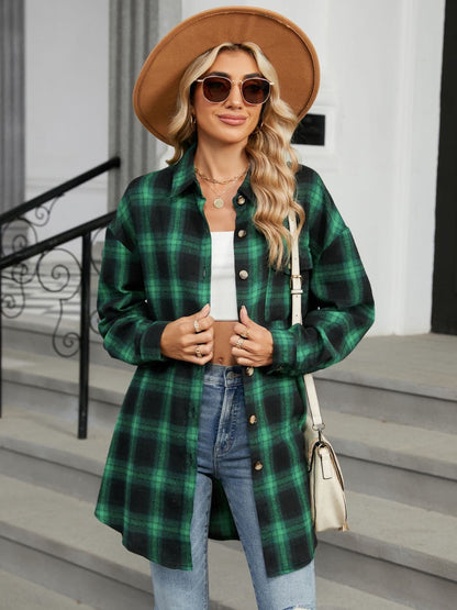 Plaid Collared Neck Long Sleeve Shirt.