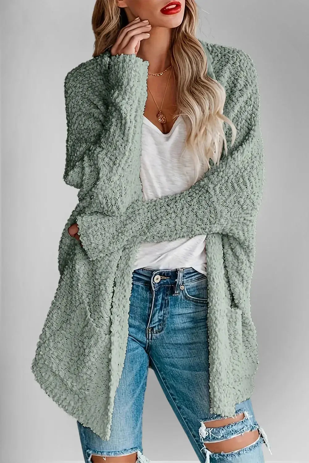Double Take Pocketed Open Front Long Sleeve Cardigan - Love Salve